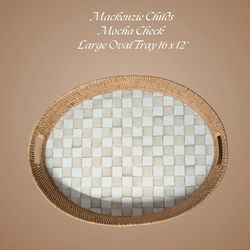 MacKenzie Childs Rattan Enamel Serving Tray Mocha Check Large Oval Tan